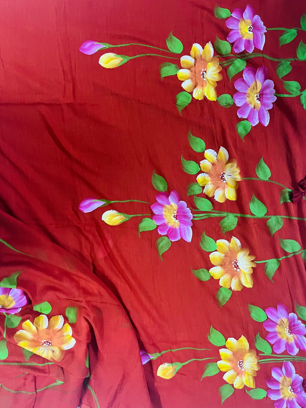 Vermicelli orange hand painted florals on mul cotton saree