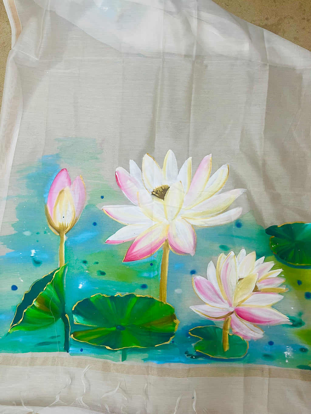 Off white pure chanderi silk dupatta : Whispers of lotus lake