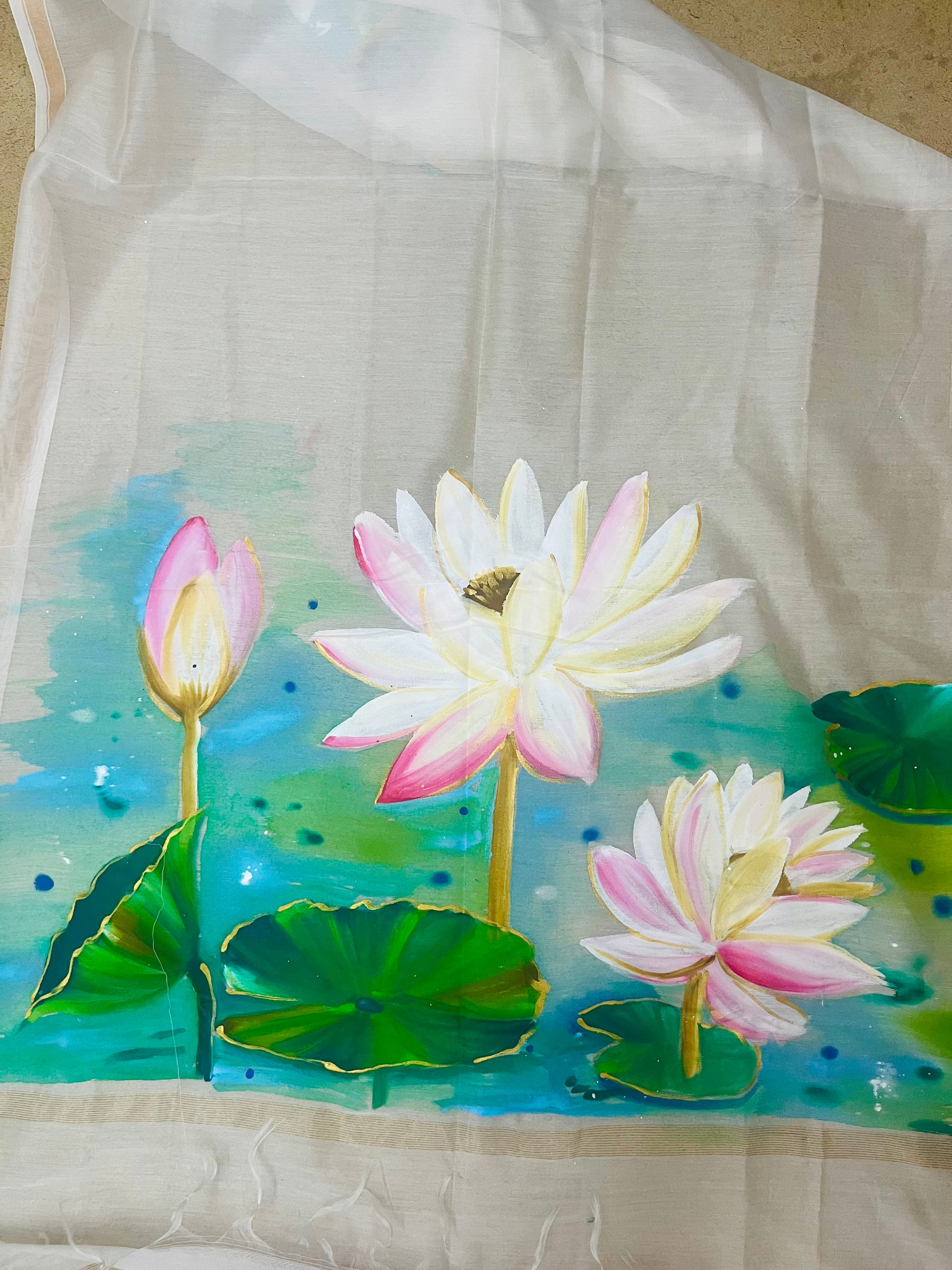 Off white pure chanderi silk dupatta : Whispers of lotus lake
