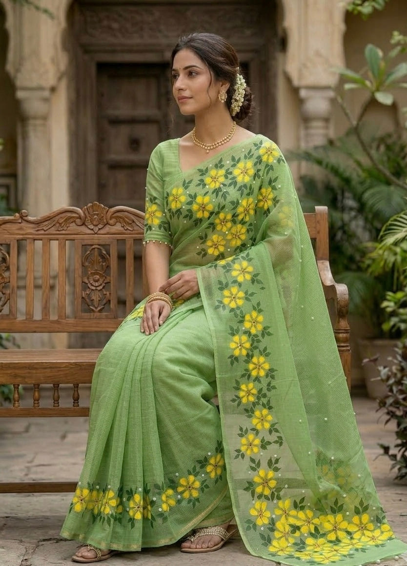 Pista green Pure cotton Kota Doria saree : Harit Pushpangan