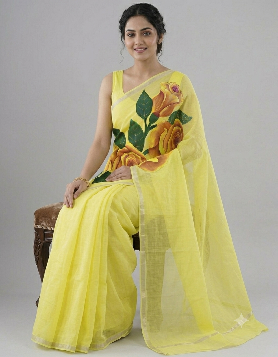 Lemon yellow self buti pure cotton saree