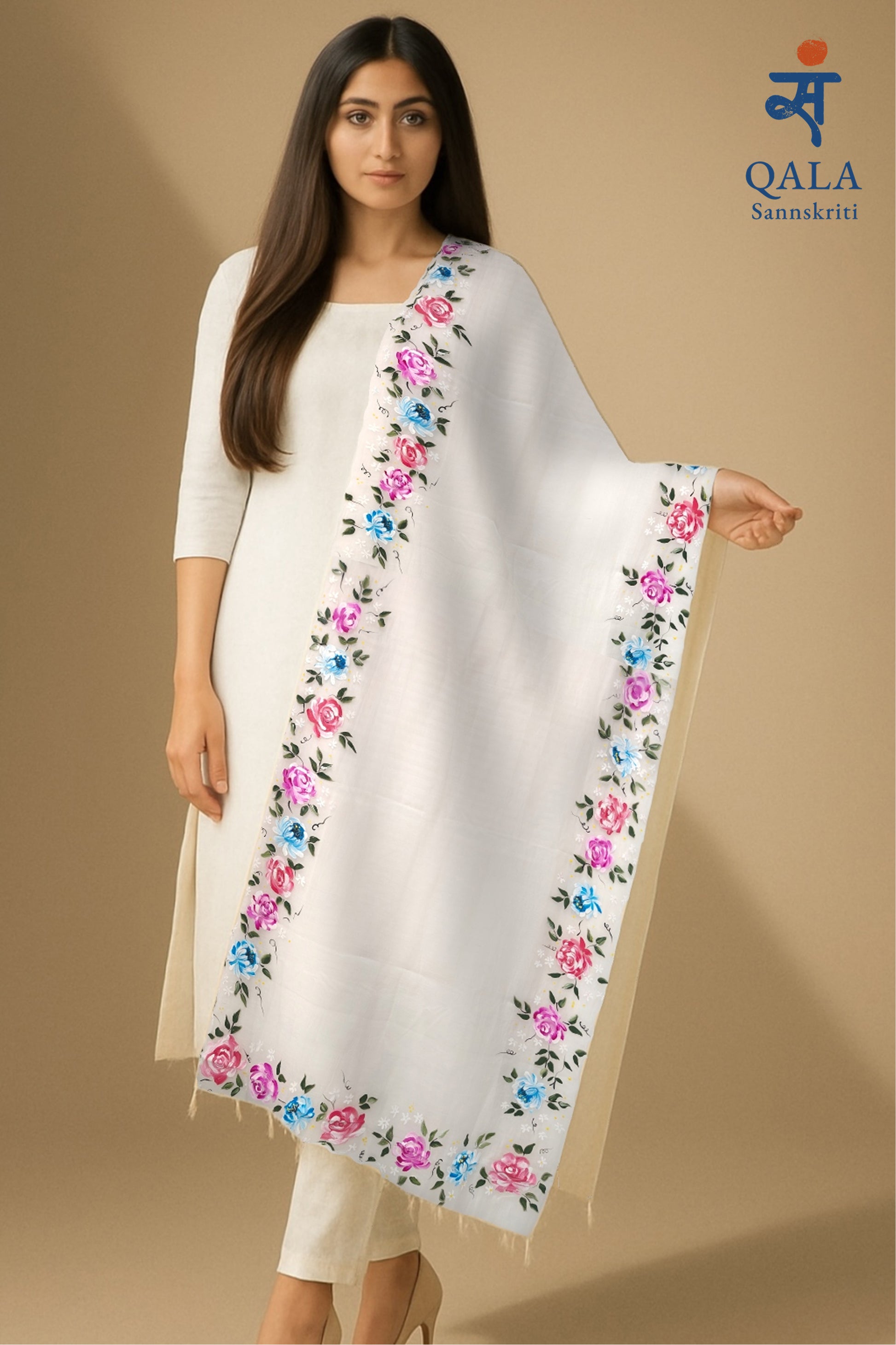 White pure malai chanderi dupatta : “Phoolon ki Baatein”
