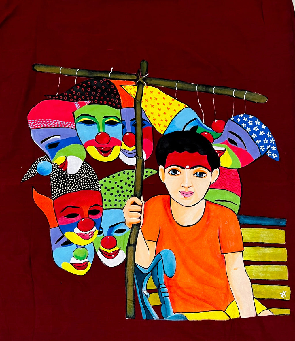 Maroon hand painted handloom saree “ The Mask seller “