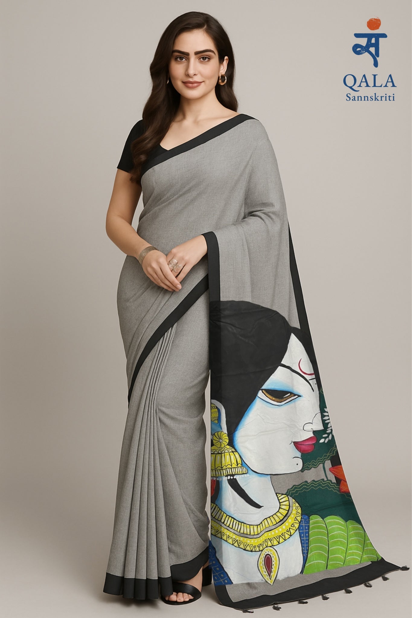 Grey with black border hand painted handloom saree “Lotus within : the silent strength of a women “