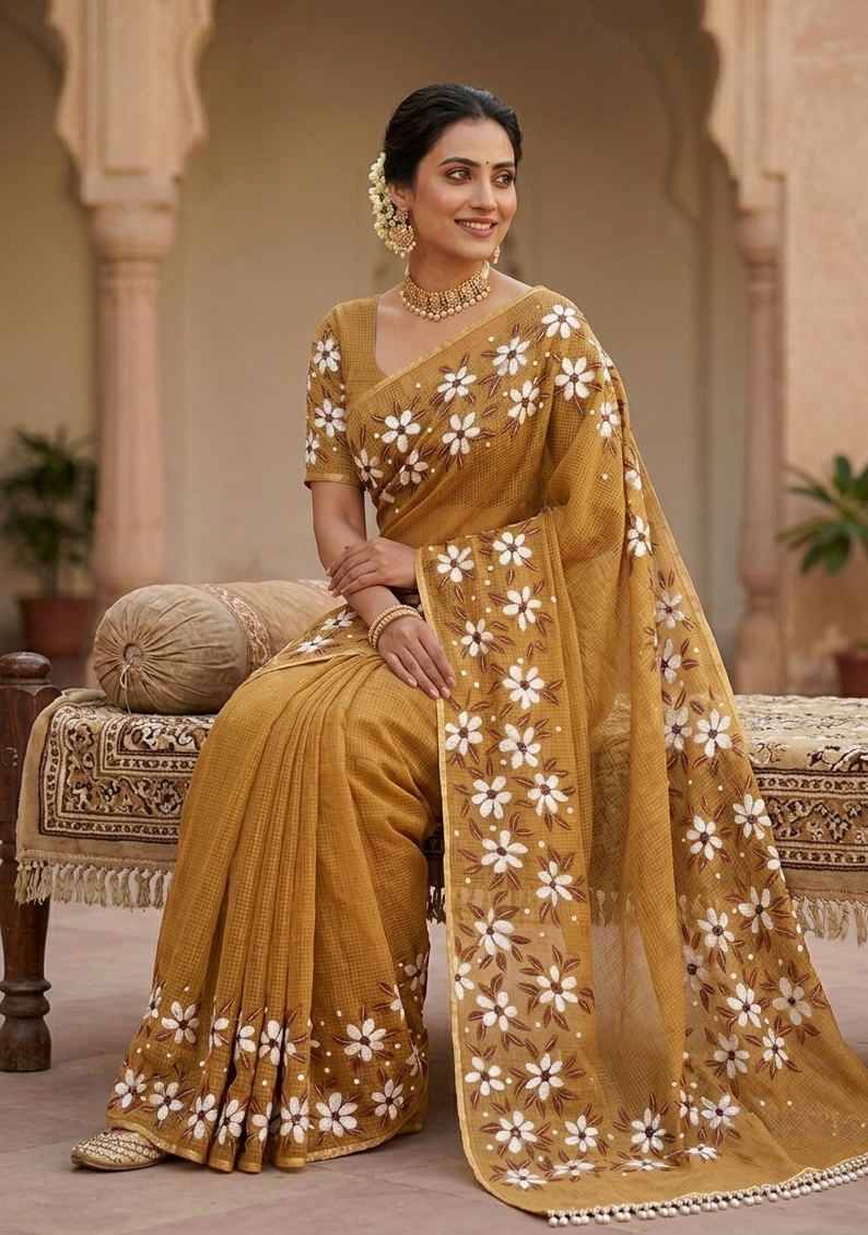 Mustard pure cotton Kota Doria saree : Dhara ki Komal Muskaan