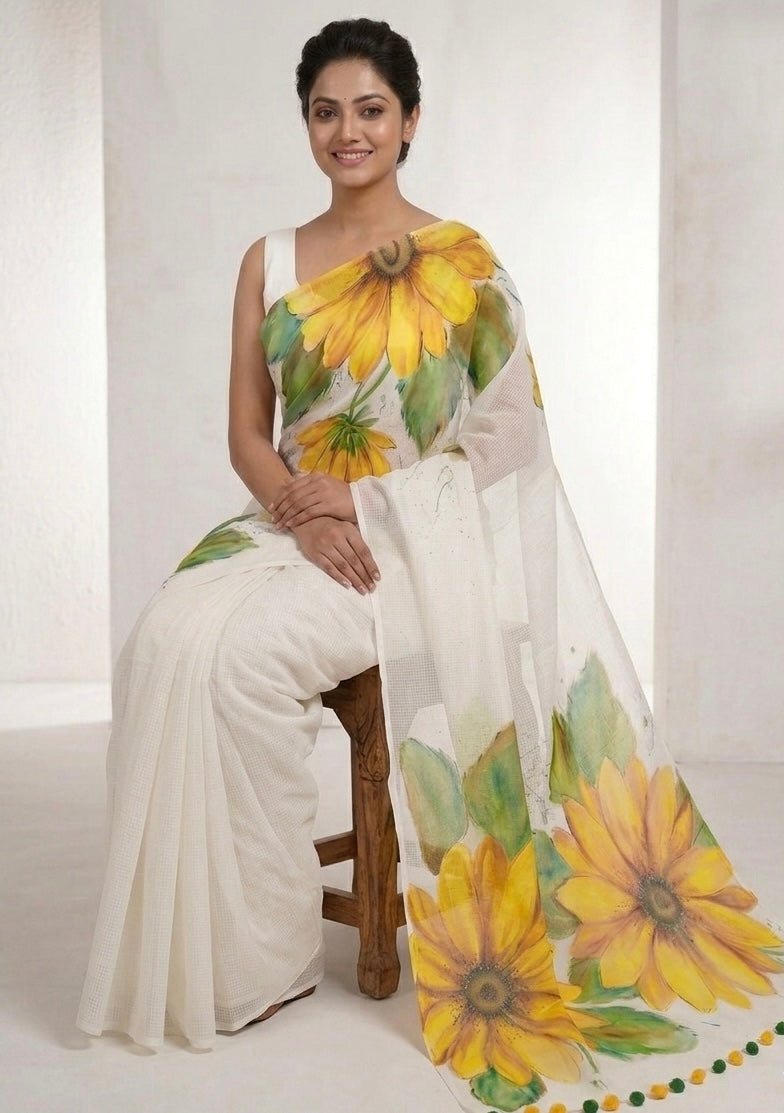 White Kota Doria cotton saree : Surya Pushpika