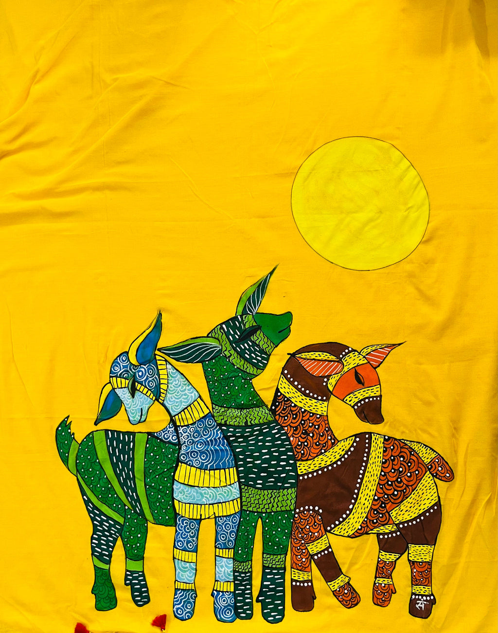 Bright yellow with red border hand painted Bengal handloom saree “Song of the forest”