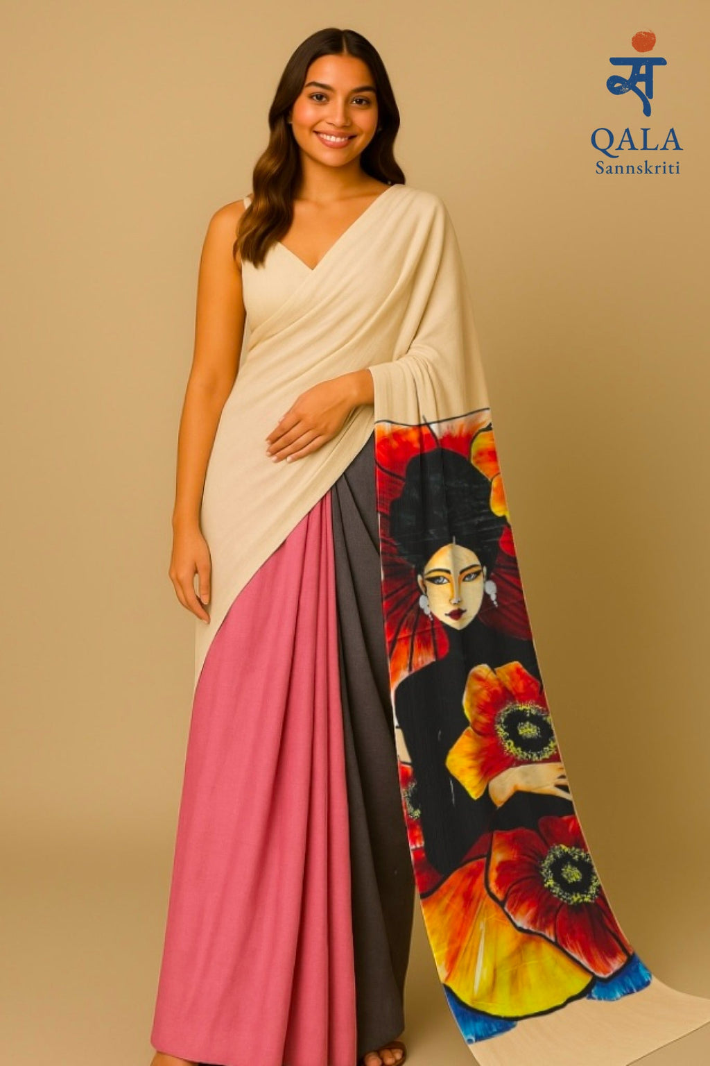White pink and grey hand painted handloom saree “The blooming Empress”