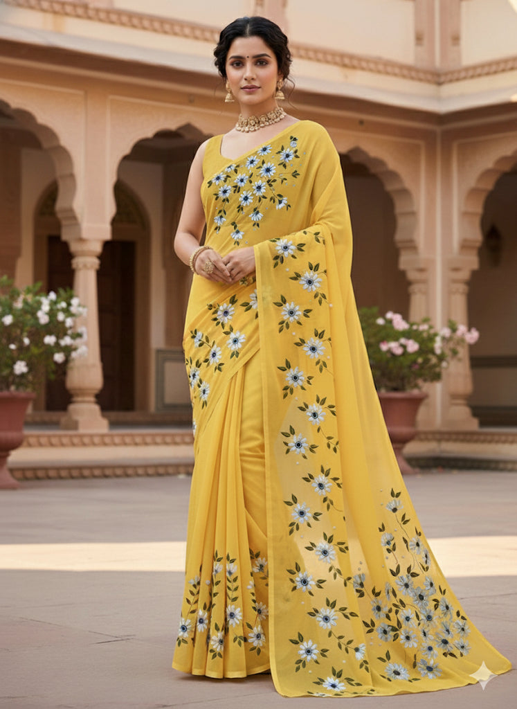 Yellow floral georgette saree : Sunshine blooms