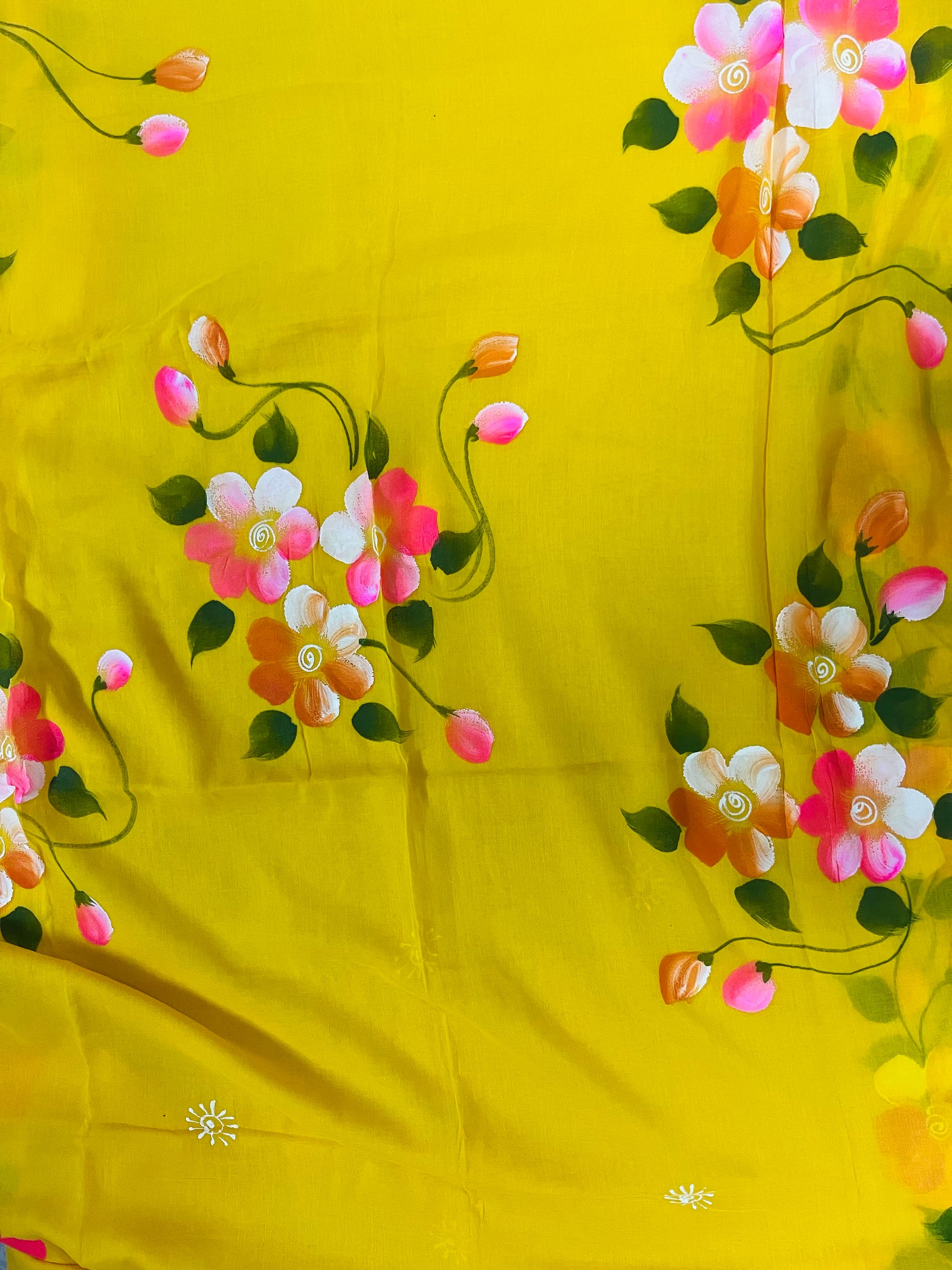 Yellow hand painted florals on mul cotton saree