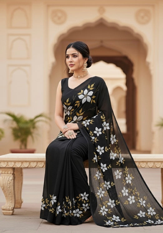 Black georgette saree : The midnight bloom