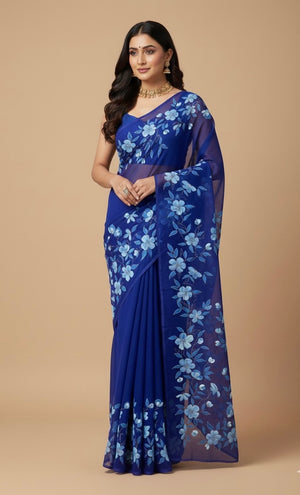 Blue flowers on a blue georgette saree : Neelanjali