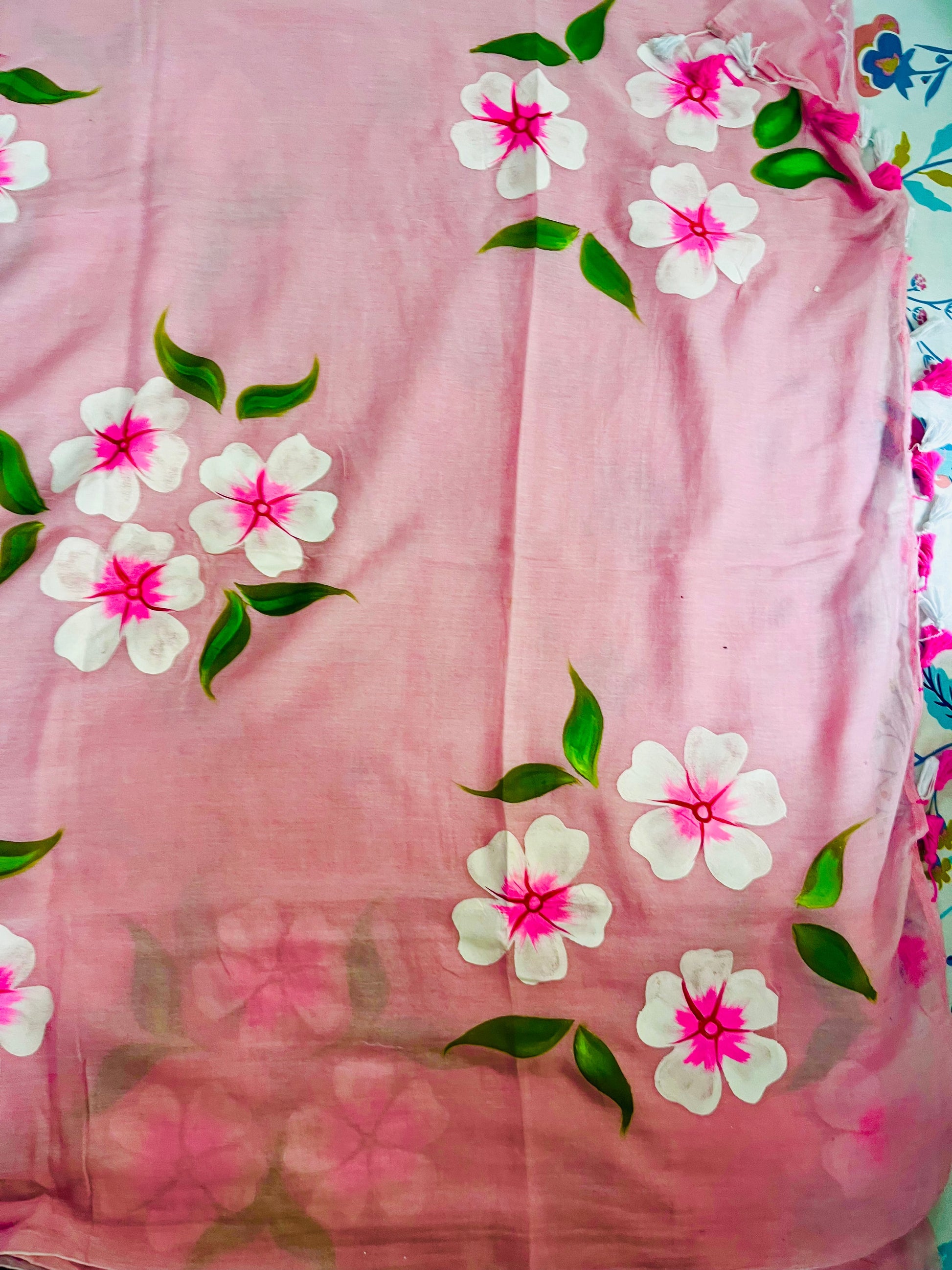 Baby pink hand painted mul cotton saree “ whispers of spring “