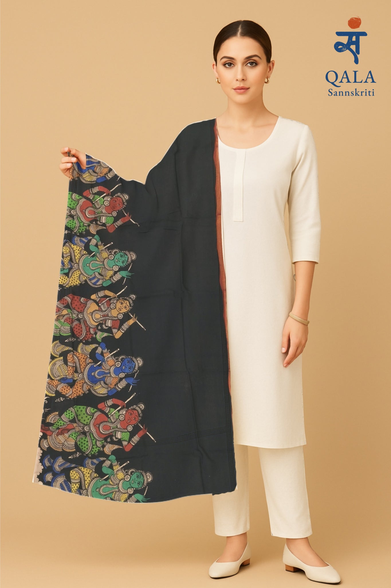 Mangalkari silk Kalamkari hand painted dupatta “Raas Leela”