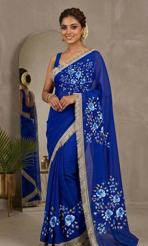 Royal blue georgette saree