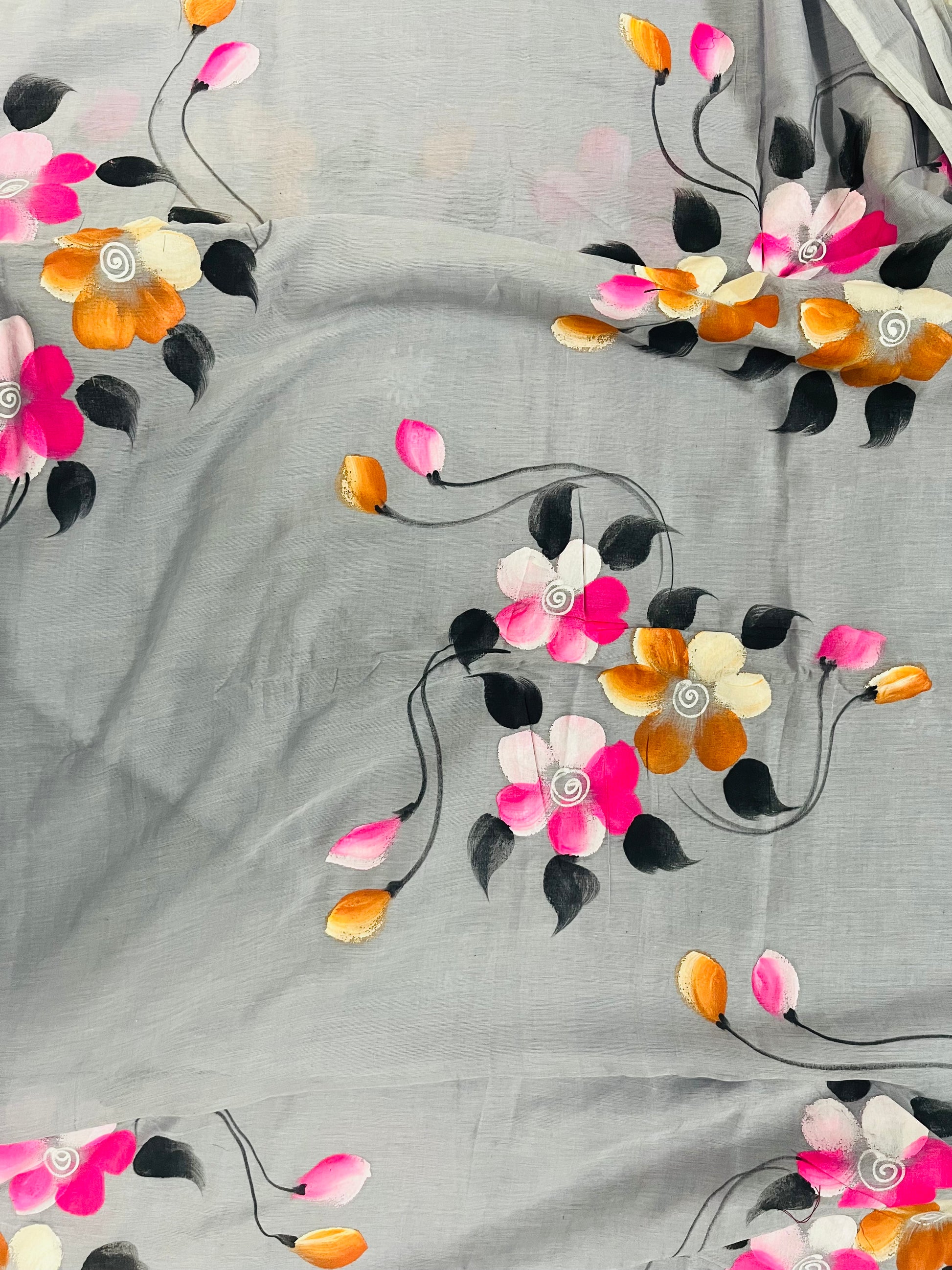 Grey hand painted florals on mul cotton saree