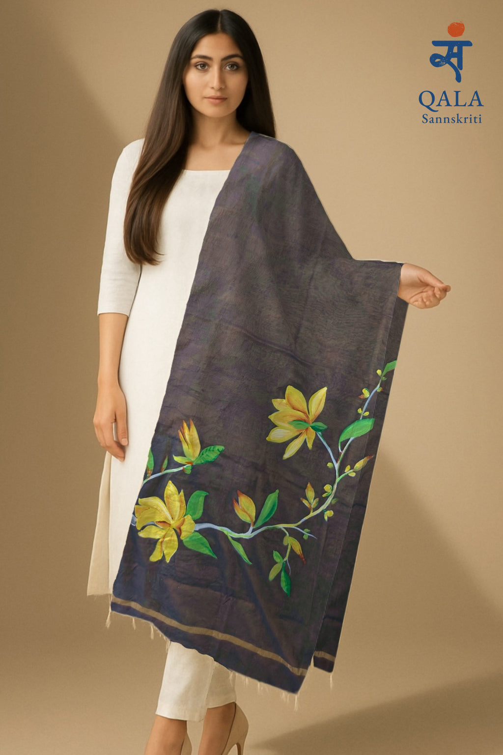 Taupe coloured pure chanderi  dupatta “ Shaam -e- Gul”