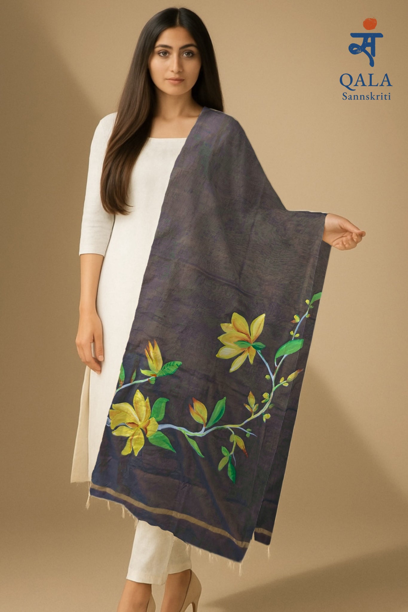 Taupe coloured pure chanderi  dupatta “ Shaam -e- Gul”