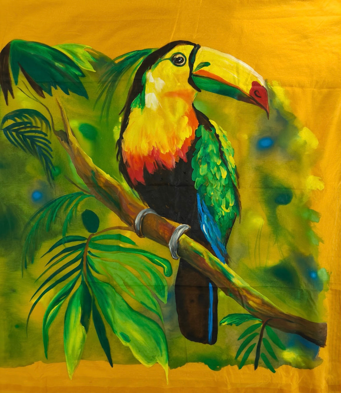 Deep yellow pure Chanderi saree : “Tropical whispers -The Toucan Tale”