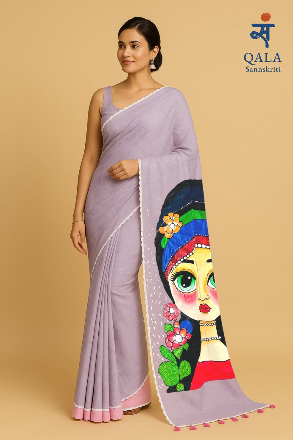 Pink and purple hand painted handloom saree “The dreamer in Bloom”
