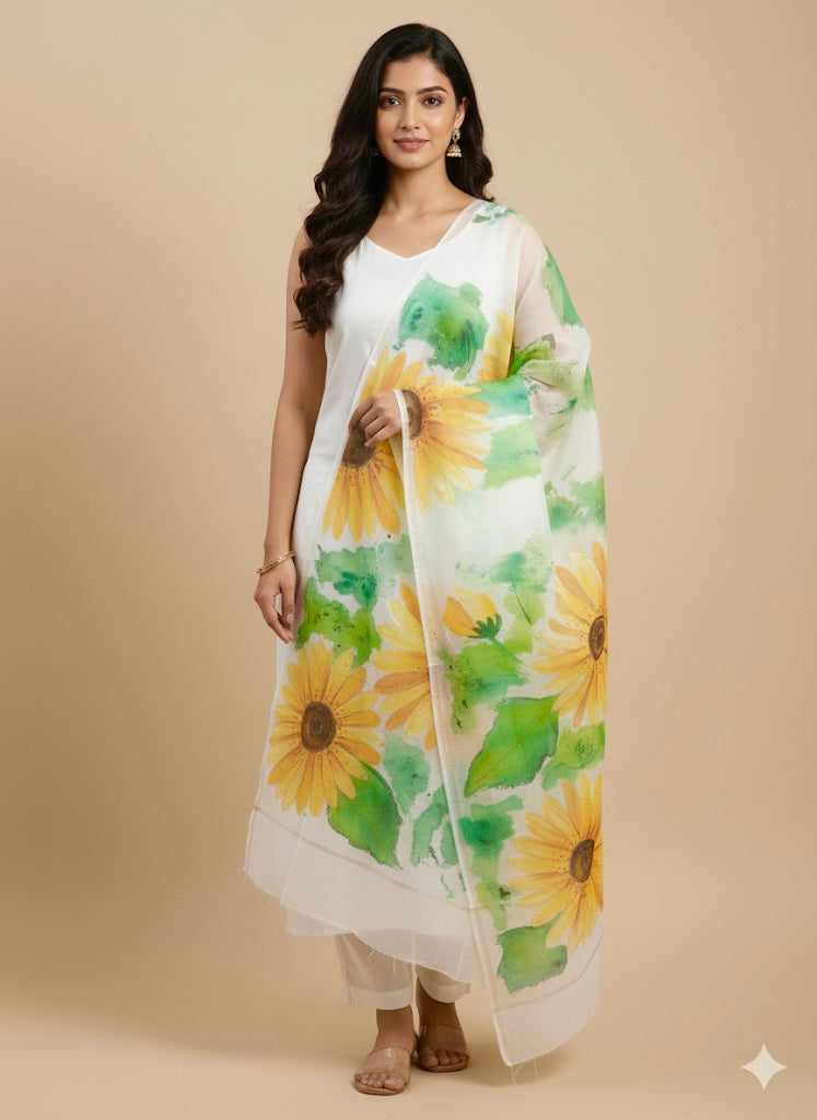 Pure malai chanderi dupatta with sunflowers