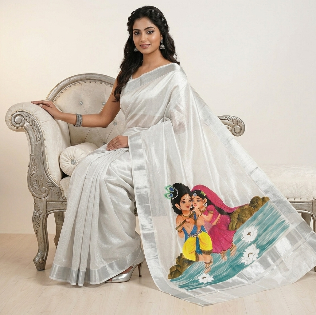 White silver Kerala kasavu tissue saree