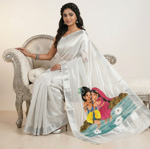 White silver Kerala kasavu tissue saree