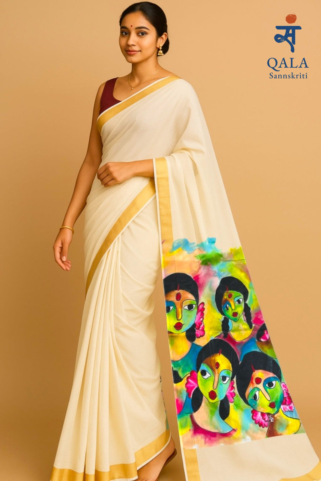 Off white hand painted Kerala kasavu cotton saree “ Mukhavrnda”