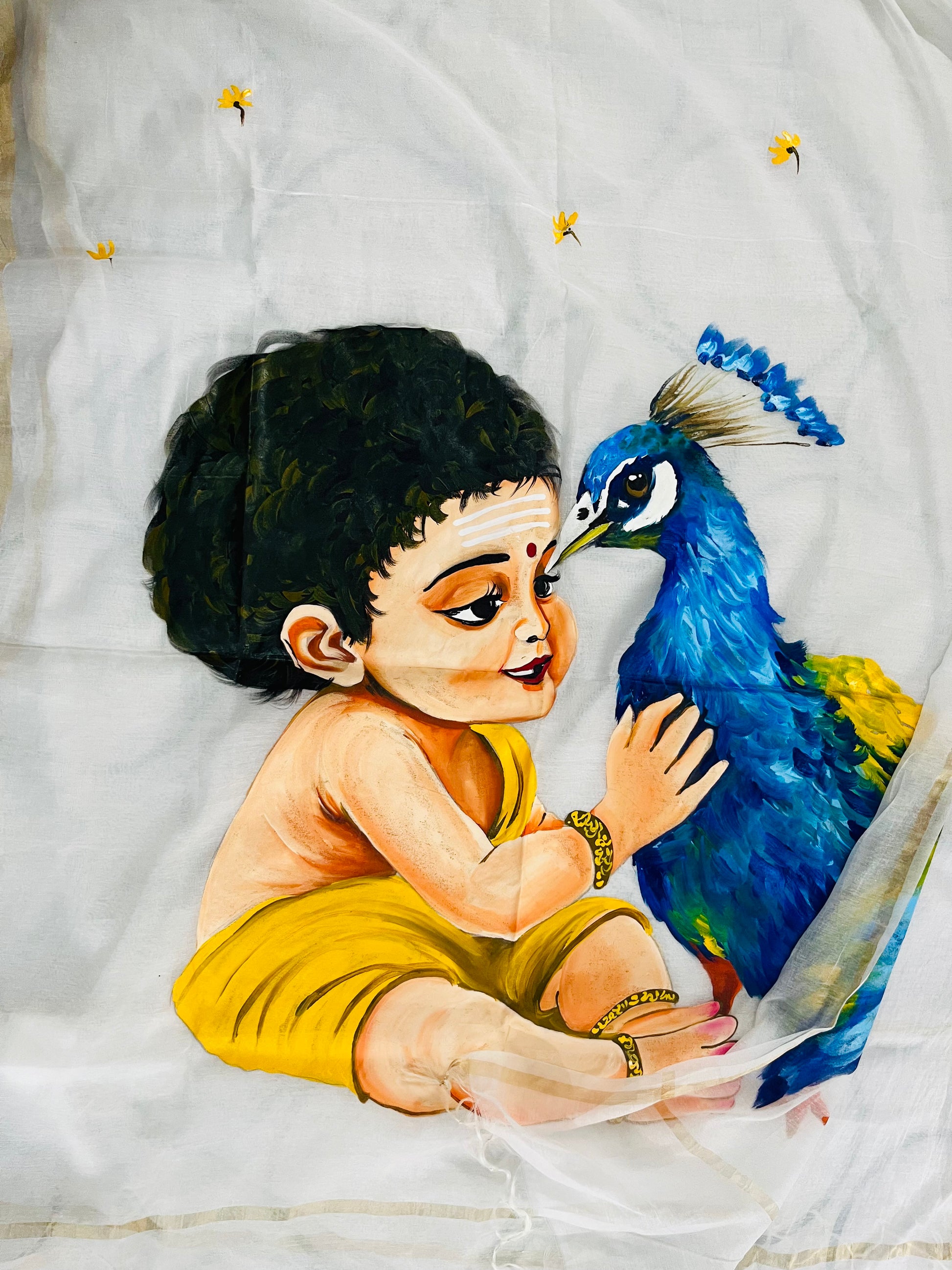White pure chanderi dupatta , “Mural of Mischief -Baal Krishna bond”
