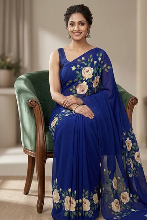 Deep blue georgette saree