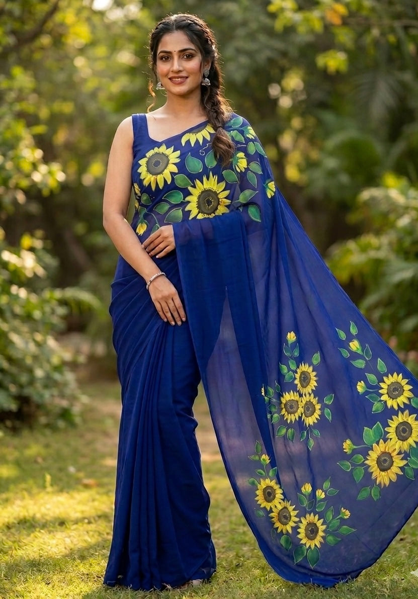 Deep blue georgette saree