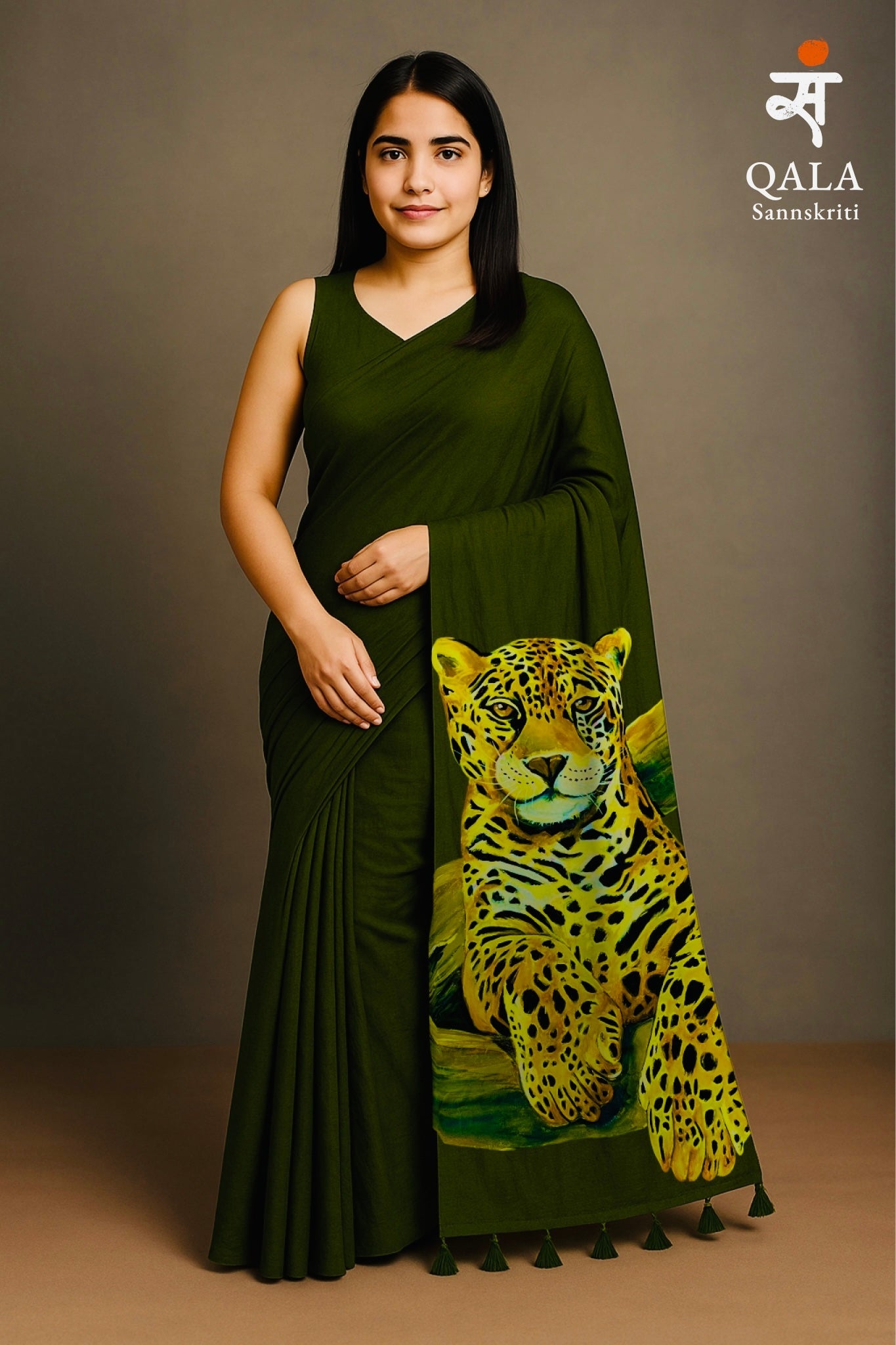 Sap Green hand painted handloom saree “ whispers of the wild”