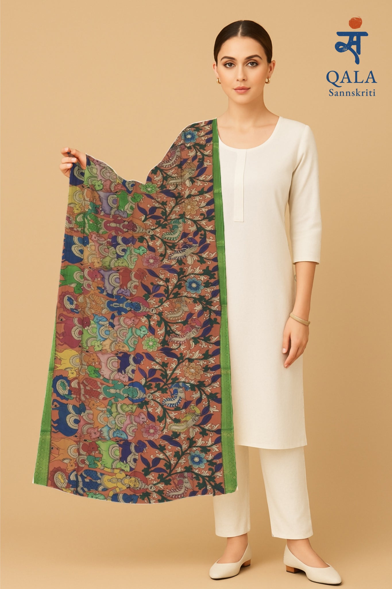Mangalkari silk Kalamkari hand painted dupatta “ God Dances when trees sing : Gandharva Sabha “