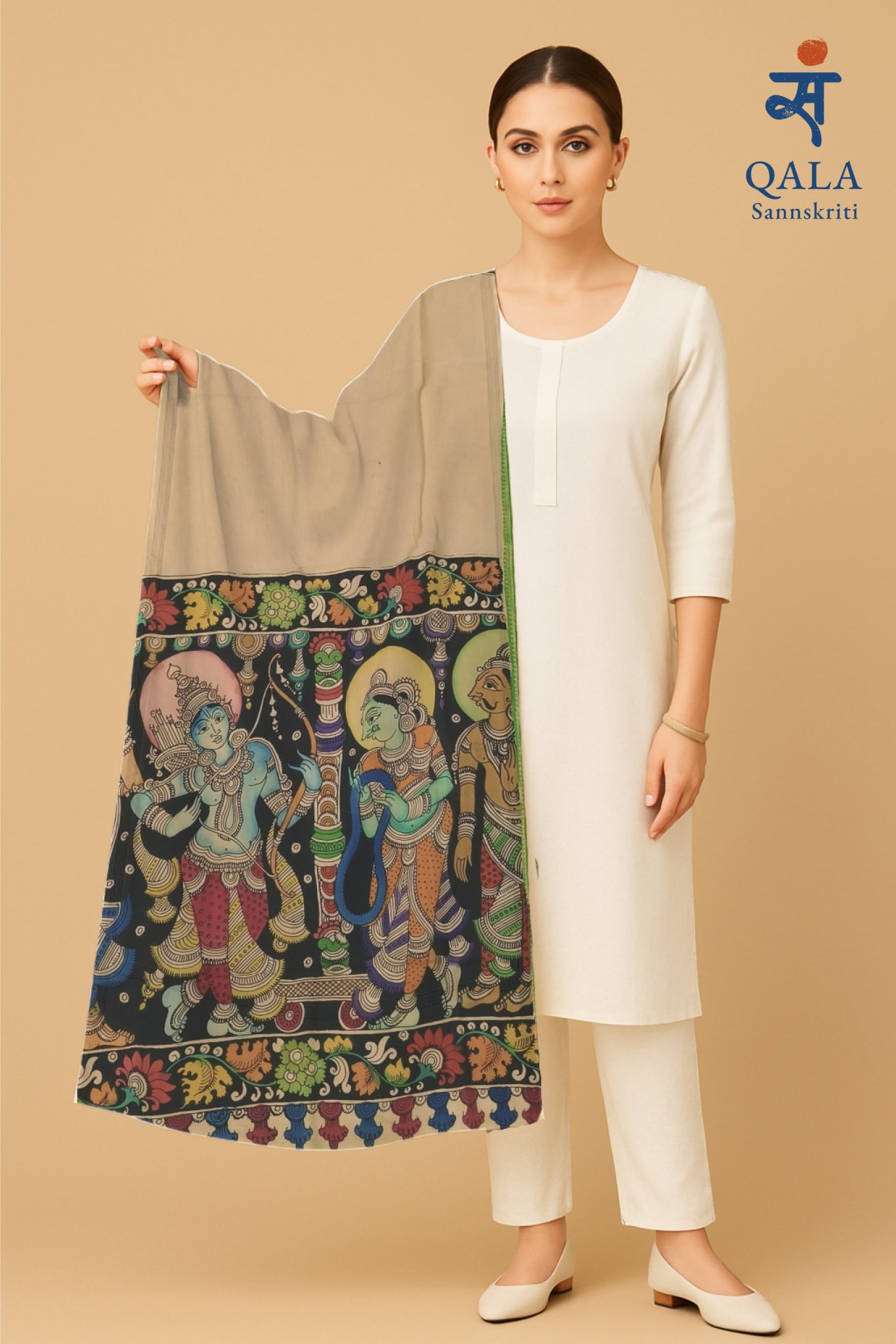 Mangalgiri silk Kalamkari work hand painted dupatta “ Vrindavan Raas”