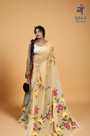Light yellow hand painted florals on mul cotton saree