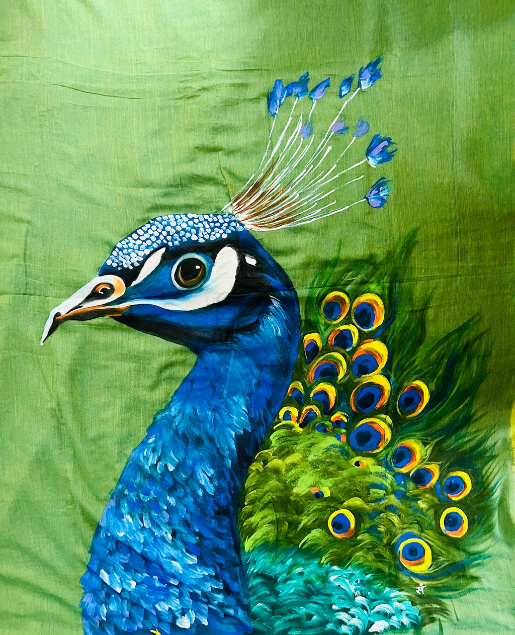 Tri coloured hand painted handloom saree “ The Peacock promise “