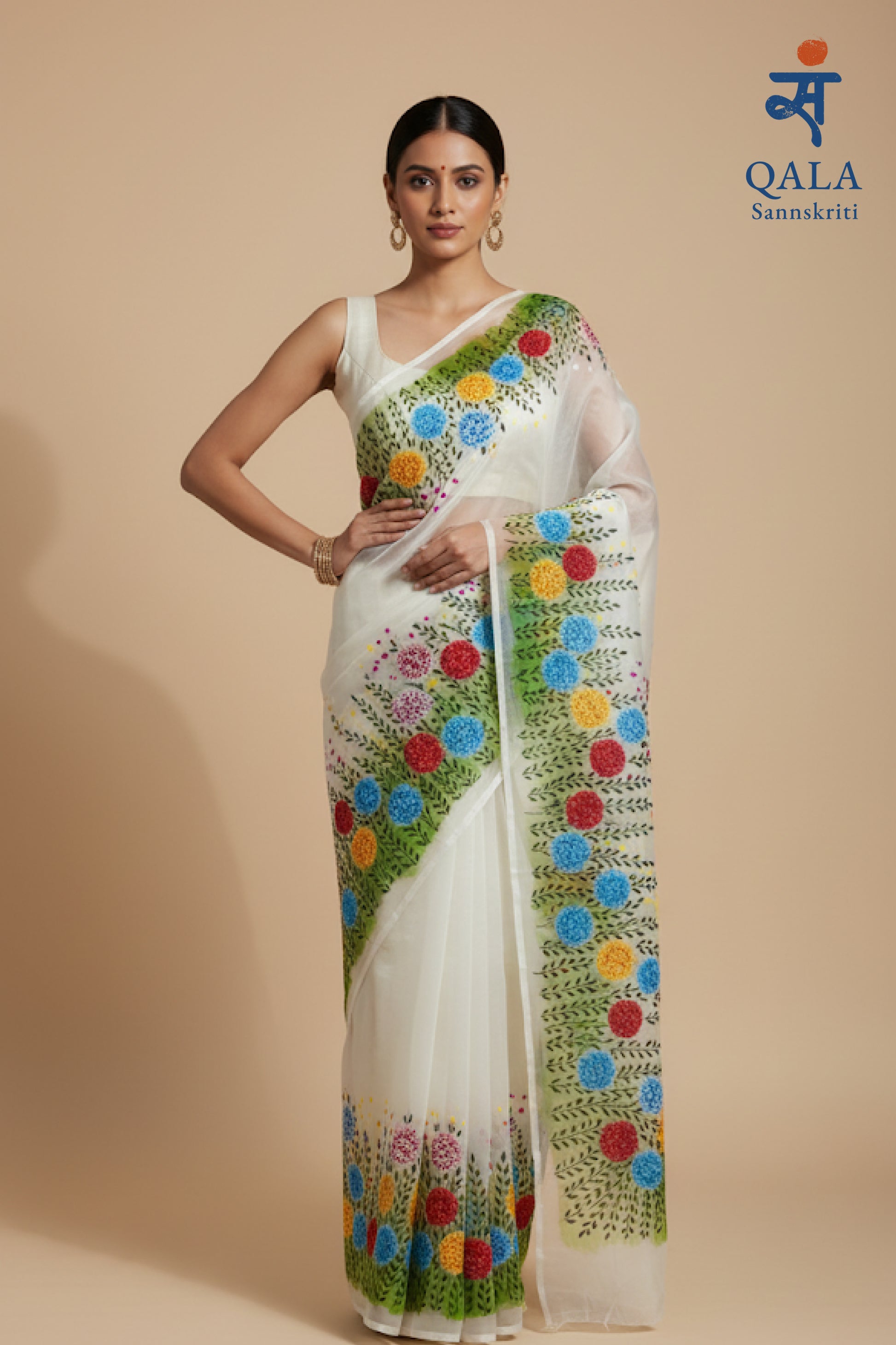 Pure white organza silk saree : The Garden Whispers