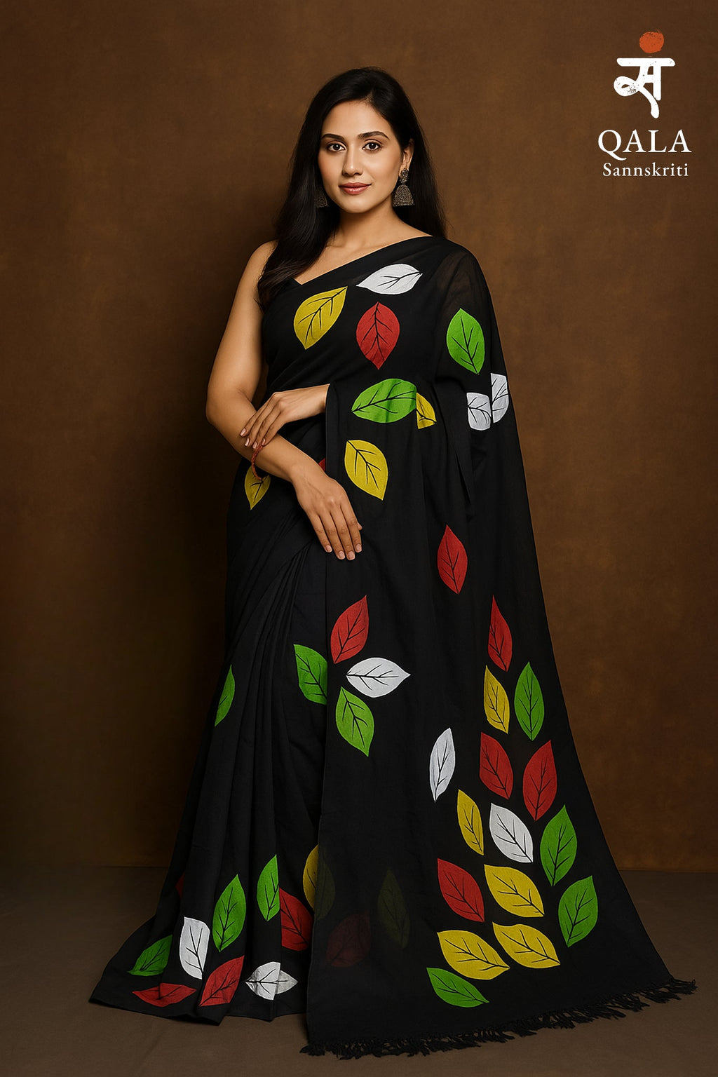 Black hand painted mul cotton saree “ whispers of the forest “
