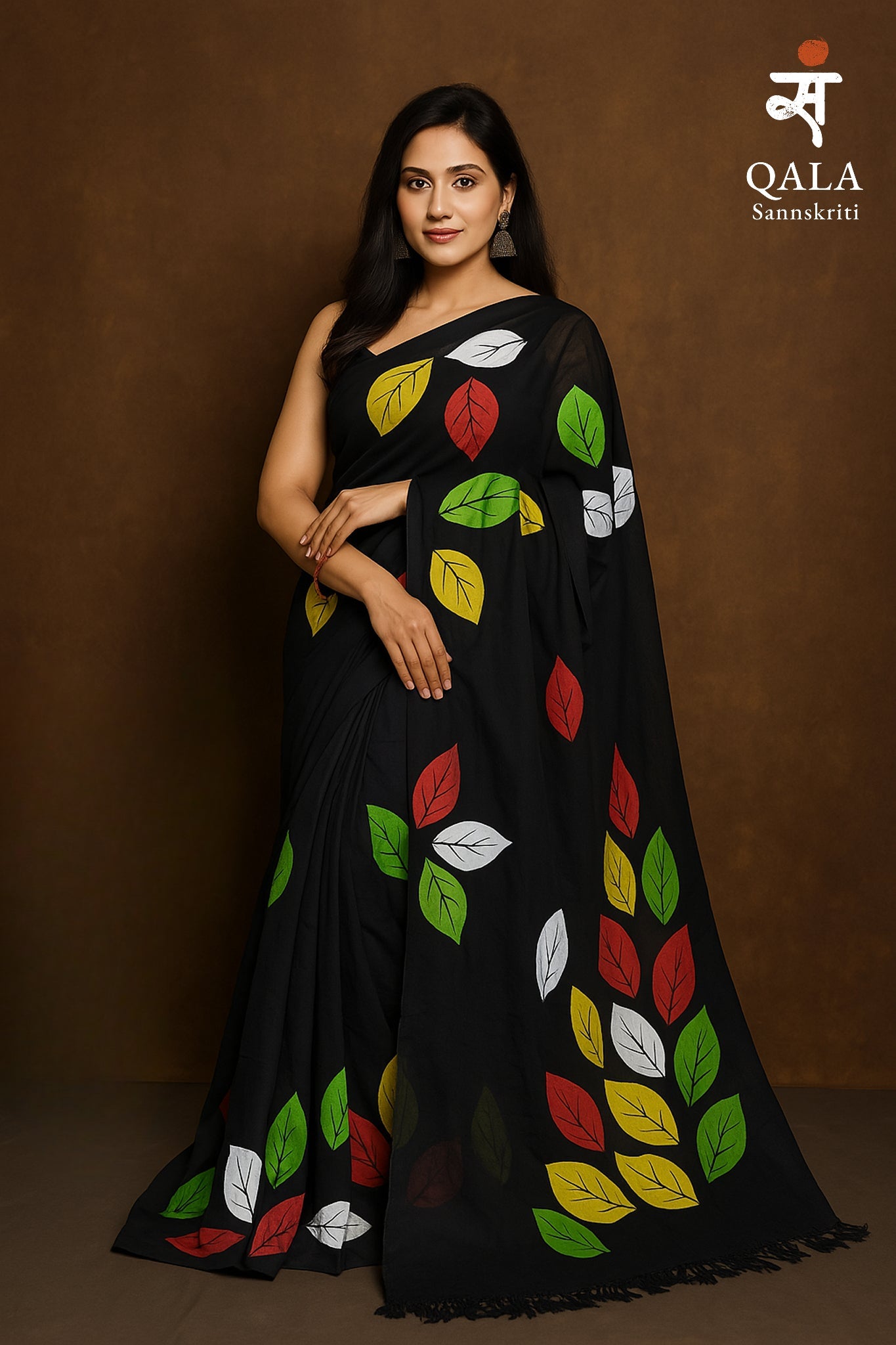 Black hand painted mul cotton saree “ whispers of the forest “