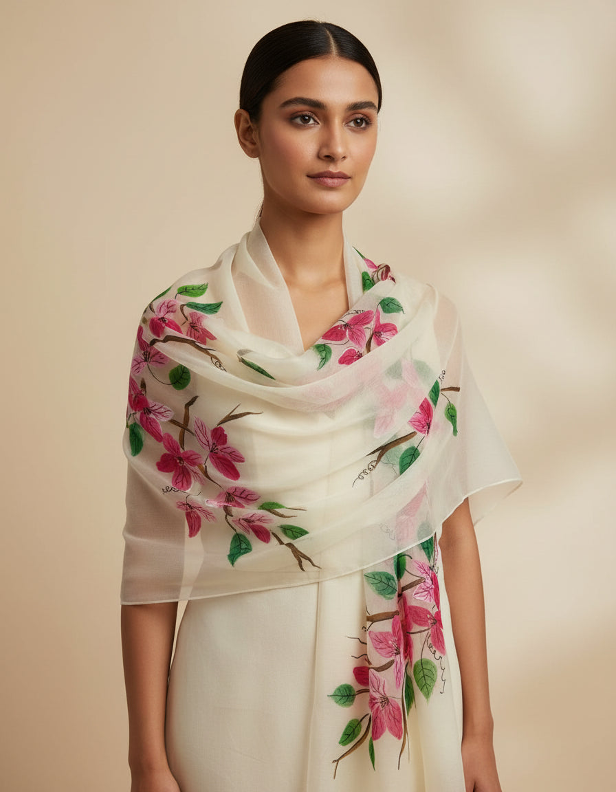 Half malai chanderi and half pure silk organza scarf / dupatta