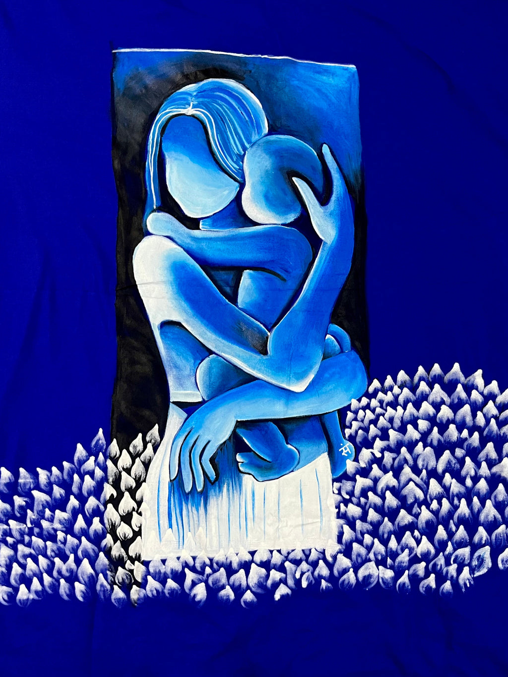 Blue hand painted handloom saree “ Ma : The eternal embrace “