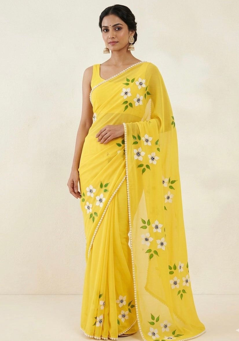 Lemon yellow georgette saree