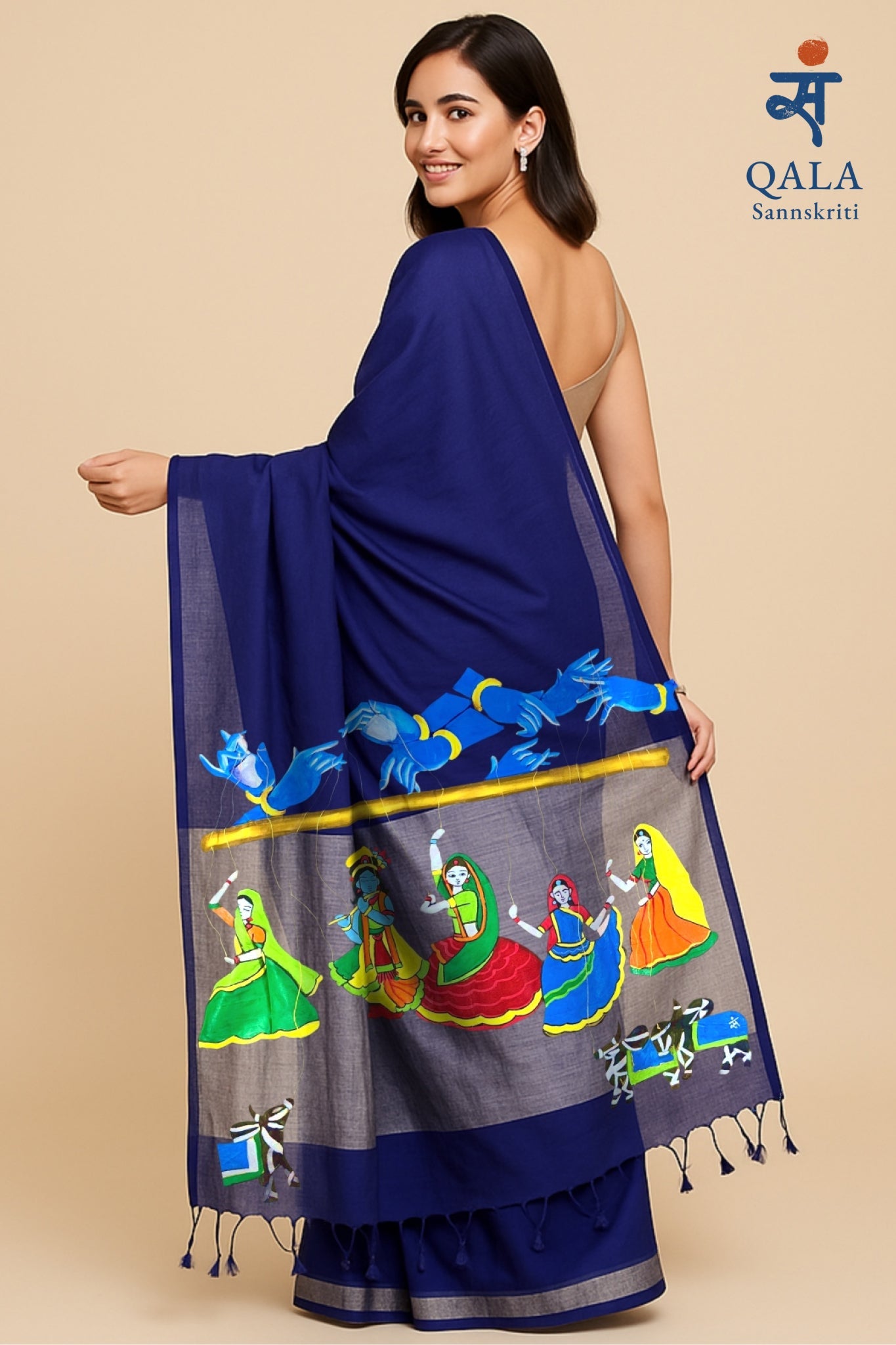 Dark blue with golden pallu hand painted cotton blend saree “ Stings of Divinity :Raas Leela puppet ballet “