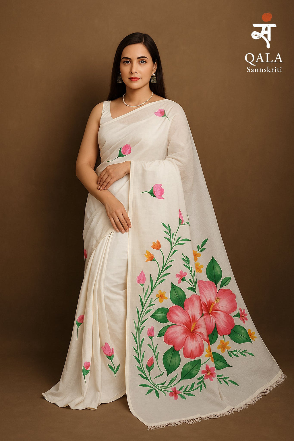 White hand painted mul cotton saree “ Bloom within “