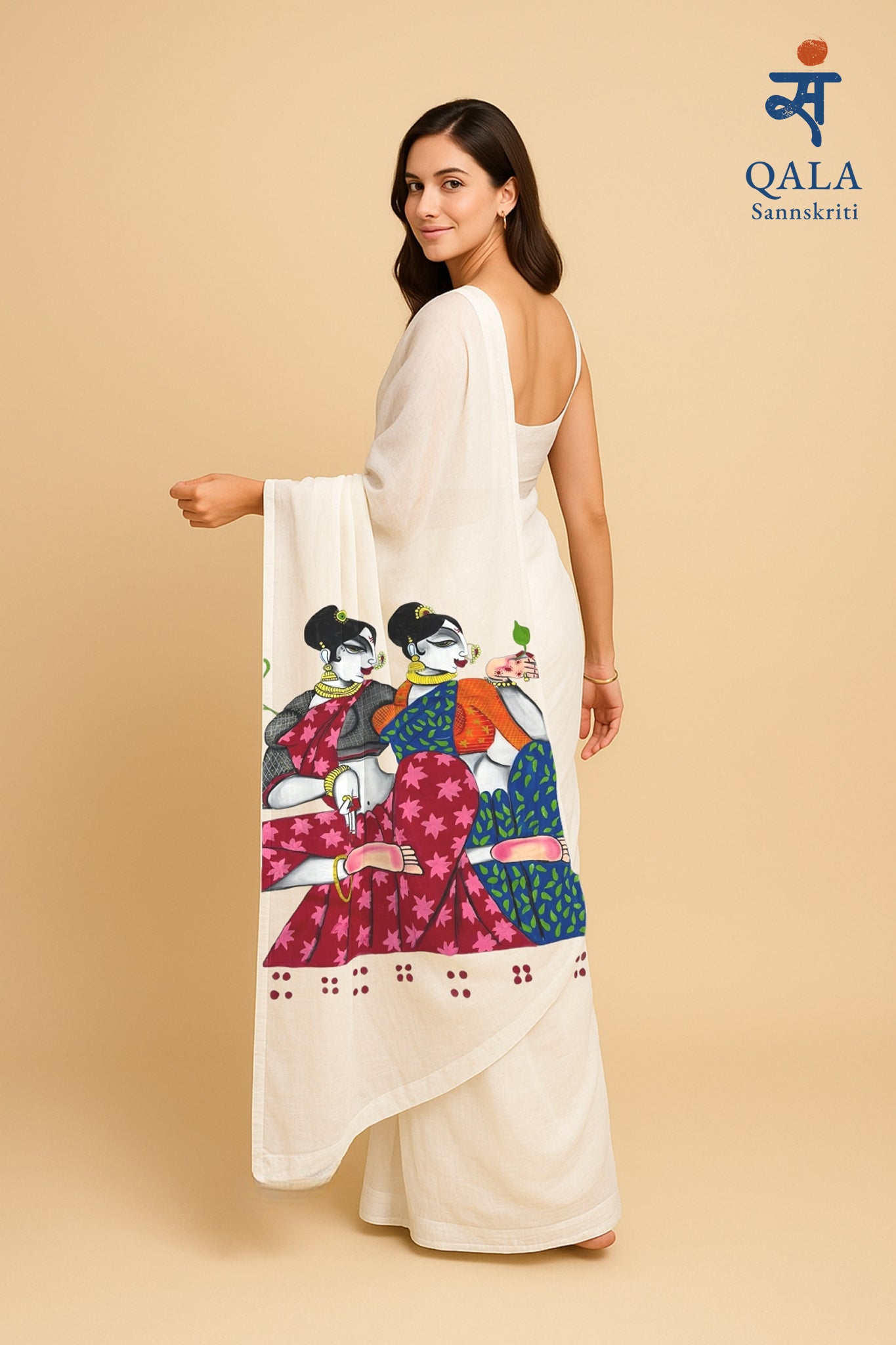 White hand painted handloom saree “ Friends “
