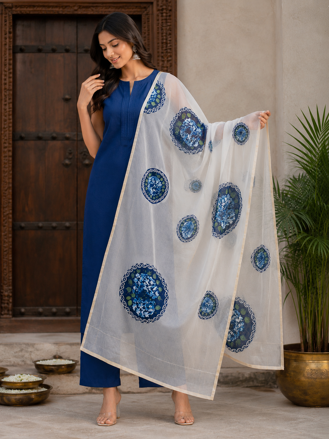 Pure off white chanderi silk dupatta with bead work