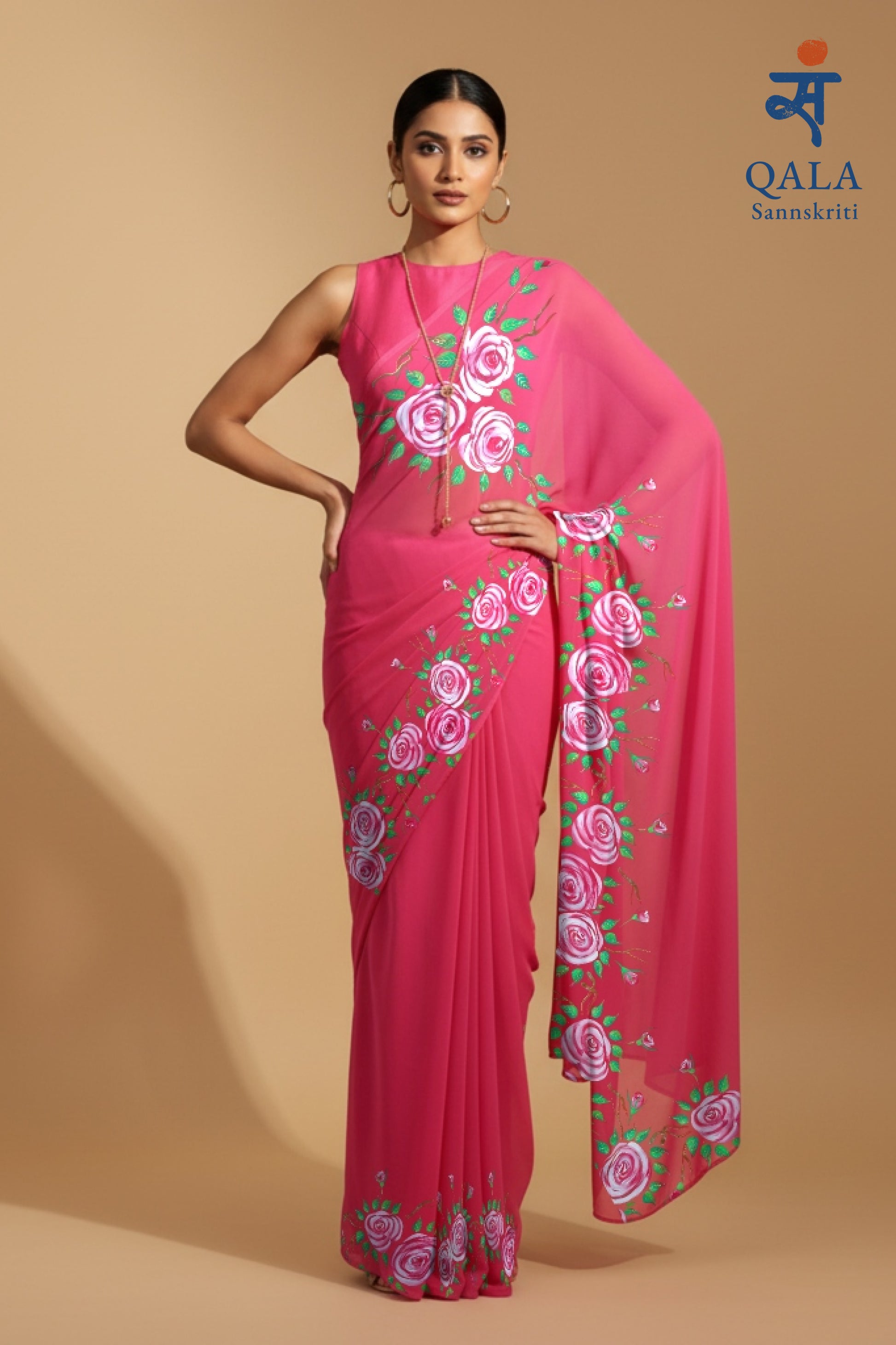 Hot pink floral georgette saree : Whispers of Rose Dawn