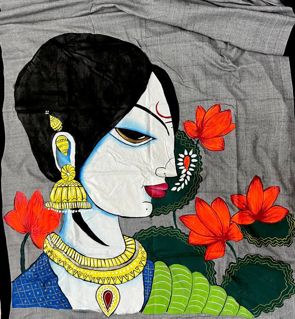 Grey with black border hand painted handloom saree “Lotus within : the silent strength of a women “