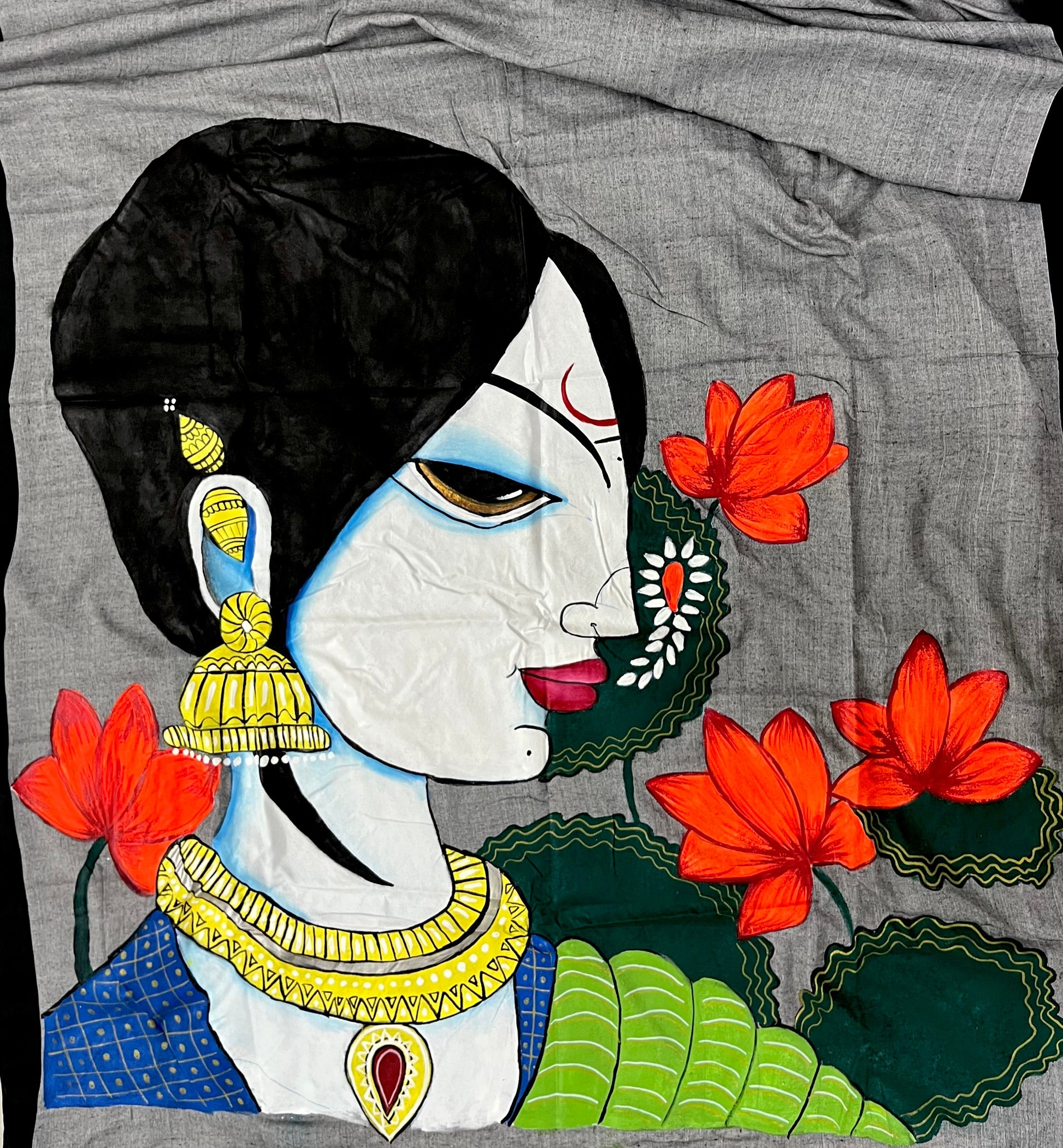 Grey with black border hand painted handloom saree “Lotus within : the silent strength of a women “