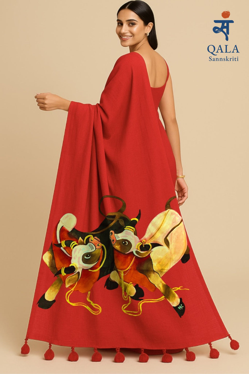 Red Hand painted handloom saree “Dancing Bulls”